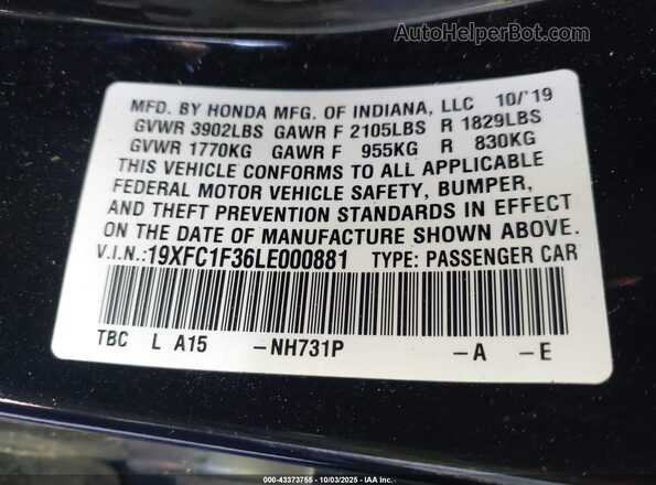 19XFC1F36LE000881 2020 HONDA CIVIC Черный Вид подкапотного пространства