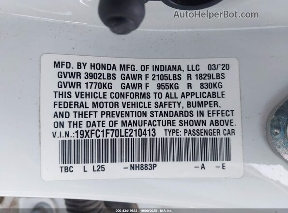 19XFC1F70LE210413 2020 HONDA CIVIC White Engine compartment view