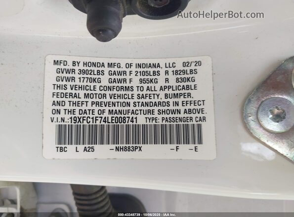 19XFC1F74LE008741 2020 HONDA CIVIC White Вид підкапотного простору
