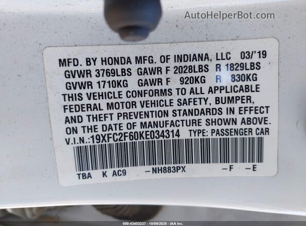 19XFC2F60KE034314 2019 HONDA CIVIC White Շարժիչի բաժամունքի տեսք