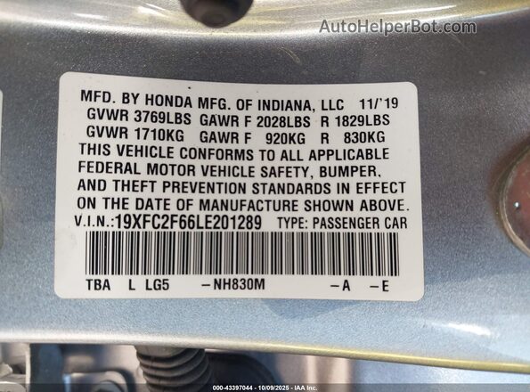 19XFC2F66LE201289 2020 HONDA CIVIC Silver Engine compartment view