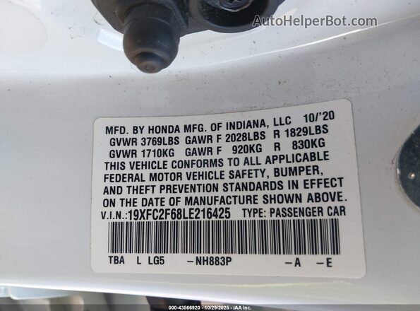19XFC2F68LE216425 2020 HONDA CIVIC White Вид підкапотного простору