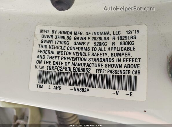 19XFC2F83LE005862 2020 HONDA CIVIC White Engine compartment view
