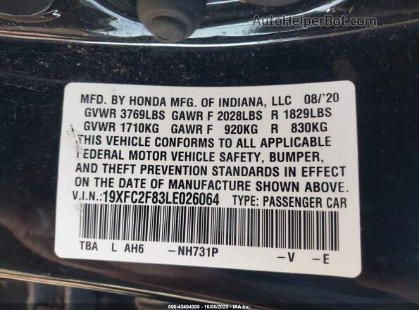 19XFC2F83LE026064 2020 HONDA CIVIC Black Engine compartment view