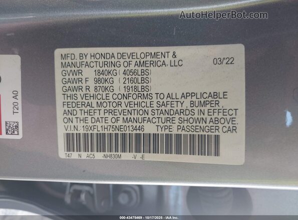 19XFL1H75NE013446 2022 HONDA CIVIC Серый 