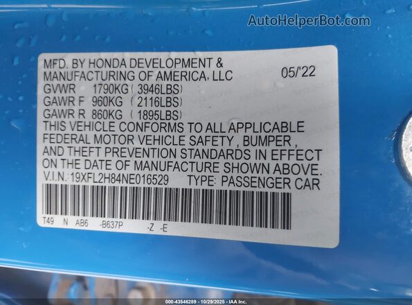 19XFL2H84NE016529 2022 HONDA CIVIC Blue Вид підкапотного простору