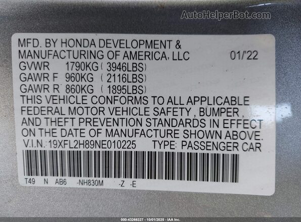 19XFL2H89NE010225 2022 HONDA CIVIC Silver Widok komory silnika