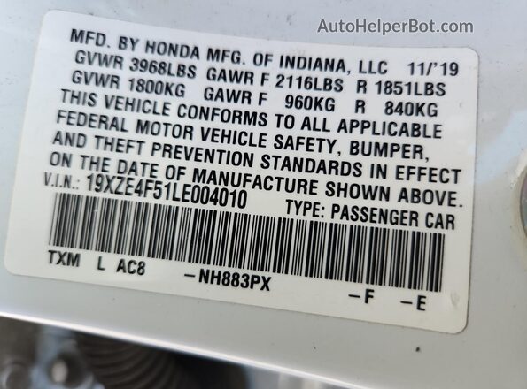 19XZE4F51LE004010 2020 HONDA INSIGHT White Շարժիչի բաժամունքի տեսք