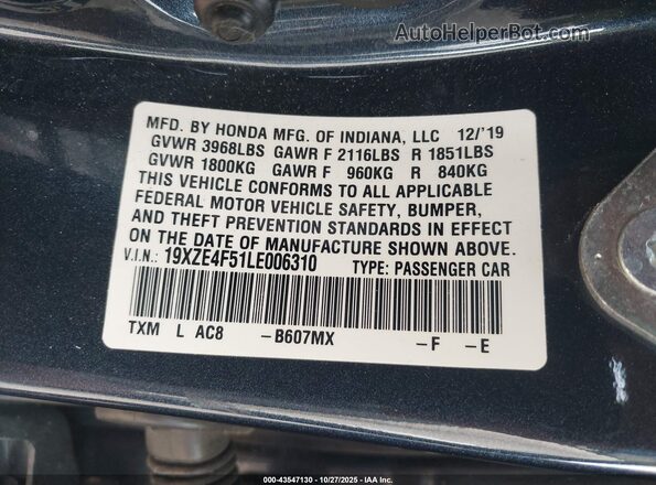 19XZE4F51LE006310 2020 HONDA INSIGHT Black Vista del compartimento del motor