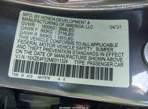 19XZE4F52ME011324 2021 HONDA INSIGHT Gray Engine compartment view