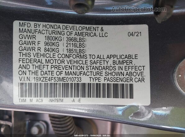 19XZE4F53ME010733 2021 HONDA INSIGHT Gray Widok komory silnika