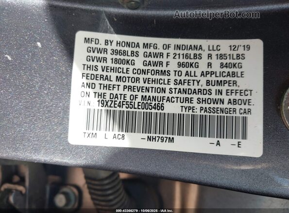 19XZE4F55LE005466 2020 HONDA INSIGHT Gray Շարժիչի բաժամունքի տեսք