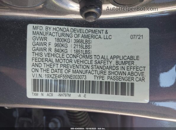 19XZE4F55NE003073 2022 HONDA INSIGHT Gray Widok komory silnika