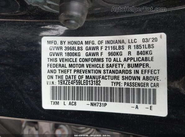 19XZE4F59LE013182 2020 HONDA INSIGHT Black Вид підкапотного простору