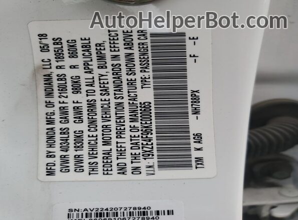 19XZE4F96KE000665 2019 HONDA INSIGHT White 
