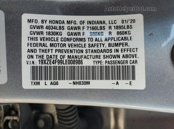 19XZE4F99LE008986 2020 HONDA INSIGHT Silver 