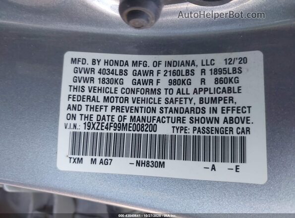 19XZE4F99ME008200 2021 HONDA INSIGHT Silver Widok komory silnika