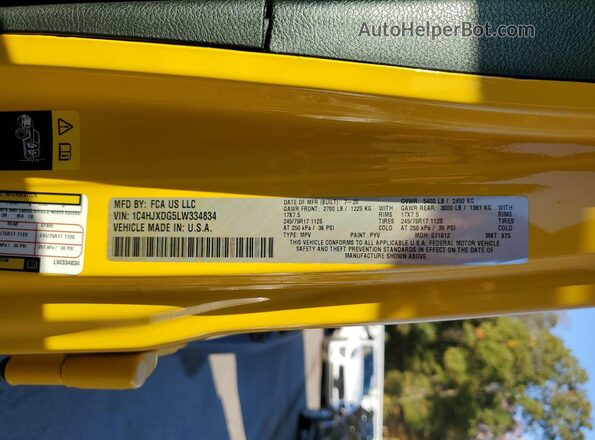 1C4HJXDG5LW334834 2020 JEEP WRANGLER Yellow Вид наклейки з VIN-кодом