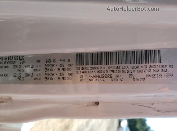 1C4HJXDN6LW269796 2020 JEEP WRANGLER White VIN კოდის სტიკერის ხედი