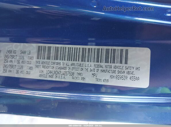 1C4HJXDN7LW257530 2020 JEEP WRANGLER UNLIMITED Синий 