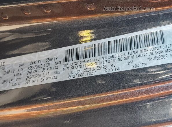 1C4HJXEG1LW155429 2020 JEEP WRANGLER Charcoal Vista de la etiqueta del VIN
