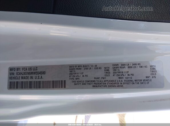 1C4HJXEN6MW554580 2021 JEEP WRANGLER UNLIMITED White Widok komory silnika