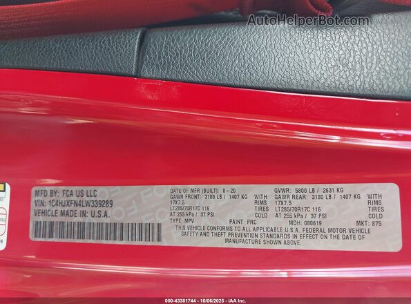 1C4HJXFN4LW339289 2020 JEEP WRANGLER UNLIMITED Red Vista del compartimento del motor