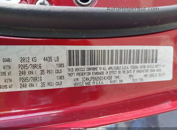 1C4NJPBA2HD141450 2017 JEEP PATRIOT Красный Вид подкапотного пространства