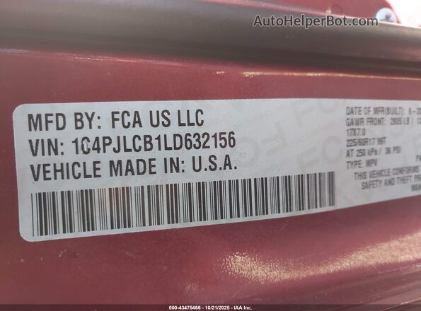 1C4PJLCB1LD632156 2020 JEEP CHEROKEE Red Vista del compartimento del motor