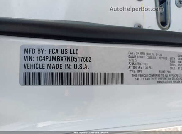 1C4PJMBX7ND517602 2022 JEEP CHEROKEE White Vista del compartimento del motor