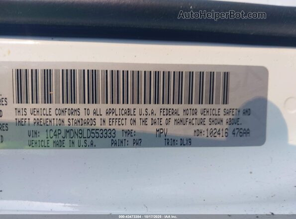 1C4PJMDN9LD553333 2020 JEEP CHEROKEE Белый Вид подкапотного пространства
