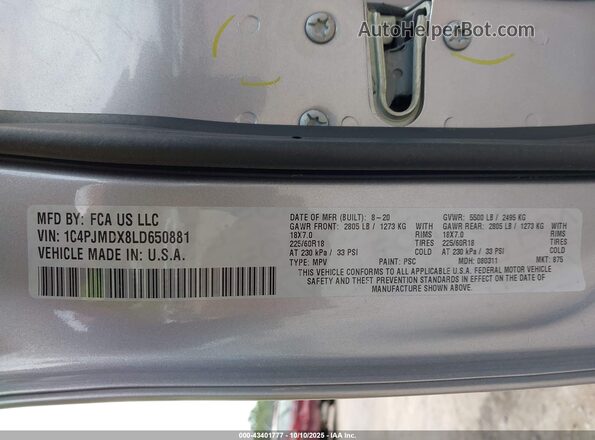 1C4PJMDX8LD650881 2020 JEEP CHEROKEE Gray Vista del compartimento del motor