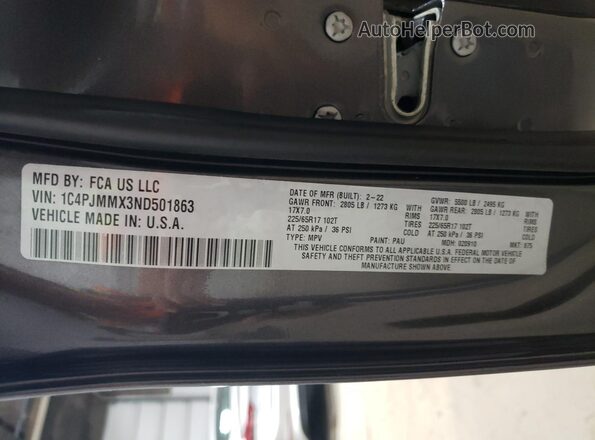 1C4PJMMX3ND501863 2022 JEEP CHEROKEE Gray VIN კოდის სტიკერის ხედი