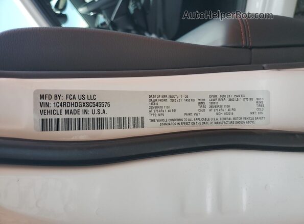 1C4RDHDGXSC545576 2025 DODGE DURANGO White VIN კოდის სტიკერის ხედი