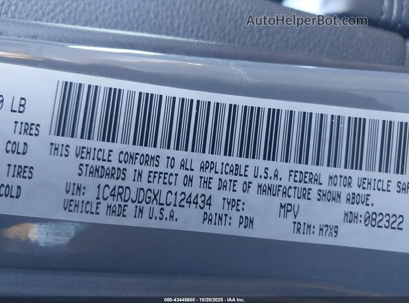 1C4RDJDGXLC124434 2020 DODGE DURANGO Gray Շարժիչի բաժամունքի տեսք