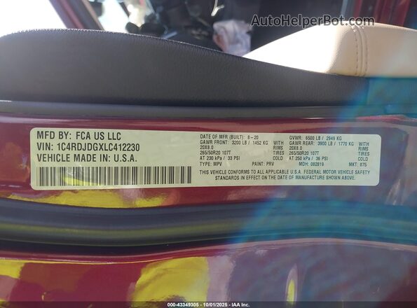 1C4RDJDGXLC412230 2020 DODGE DURANGO Red Շարժիչի բաժամունքի տեսք