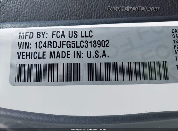 1C4RDJFG5LC318902 2020 DODGE DURANGO White Շարժիչի բաժամունքի տեսք