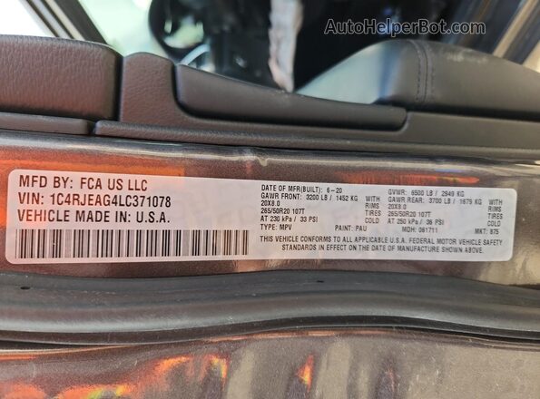 1C4RJEAG4LC371078 2020 JEEP GRAND Серый Вид наклейки с VIN-кодом