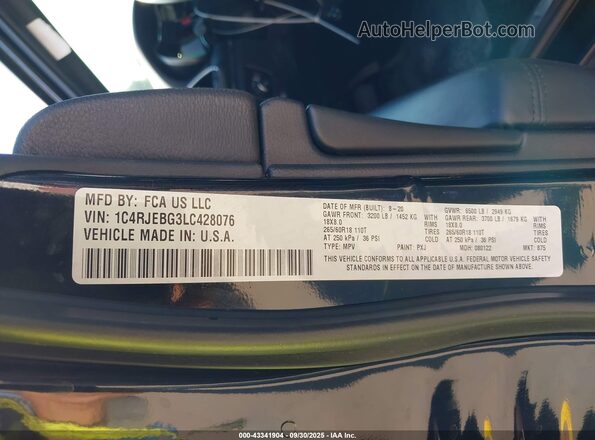 1C4RJEBG3LC428076 2020 JEEP GRAND CHEROKEE Black ძრავის განყოფილების ხედი