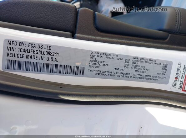 1C4RJEBG8LC392241 2020 JEEP GRAND CHEROKEE White Вид підкапотного простору