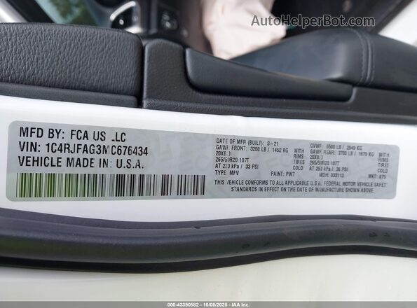 1C4RJFAG3MC676434 2021 JEEP GRAND CHEROKEE White Вид підкапотного простору