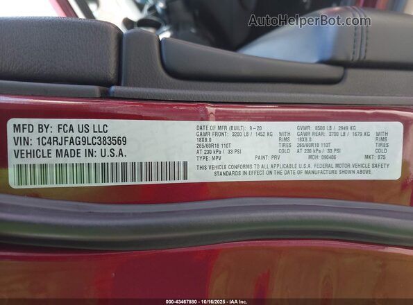 1C4RJFAG9LC383569 2020 JEEP GRAND CHEROKEE Бордовый Вид подкапотного пространства