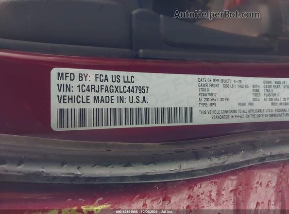 1C4RJFAGXLC447957 2020 JEEP GRAND CHEROKEE Red Շարժիչի բաժամունքի տեսք