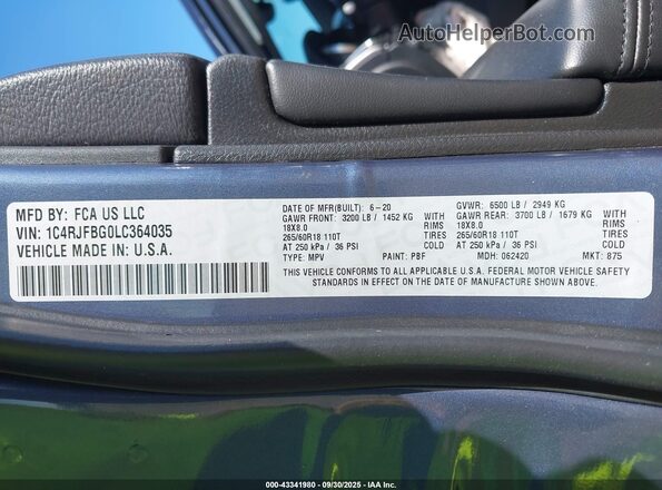 1C4RJFBG0LC364035 2020 JEEP GRAND CHEROKEE Blue ძრავის განყოფილების ხედი