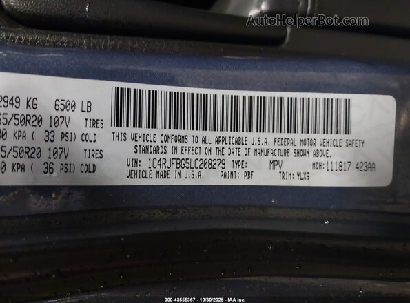 1C4RJFBG5LC208279 2020 JEEP GRAND CHEROKEE Blue Вид підкапотного простору
