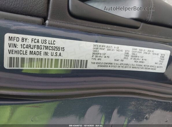 1C4RJFBG7MC525515 2021 JEEP GRAND CHEROKEE Blue Вид підкапотного простору