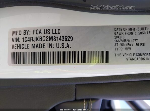 1C4RJKBG2M8143629 2021 JEEP GRAND CHEROKEE L White Engine compartment view
