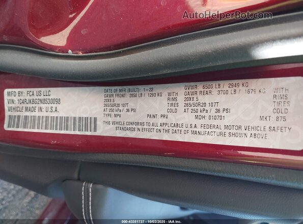 1C4RJKBG2N8530098 2022 JEEP GRAND CHEROKEE L Maroon Вид підкапотного простору