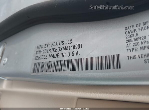 1C4RJKBGXM8118901 2021 JEEP GRAND CHEROKEE L Серебряный Вид подкапотного пространства