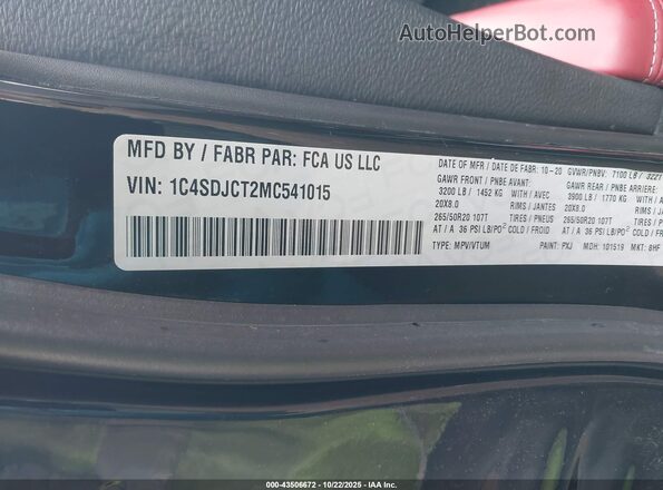 1C4SDJCT2MC541015 2021 DODGE DURANGO Black Engine compartment view